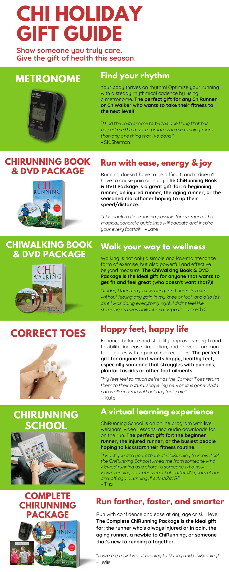 chirunning and chiwalking holiday gift guide: metronome, chirunning book and dvd package, chiwalking book and dvd package, correct toes, chirunning school, complete chirunning package