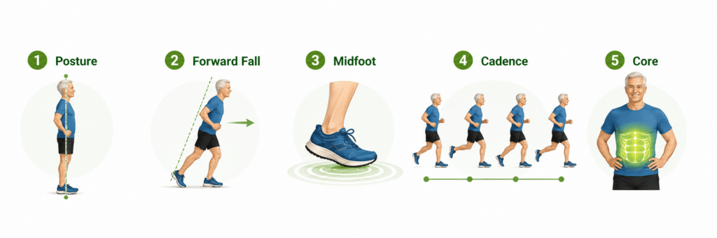 Chirunning tip infographic for proper form in 5 steps
