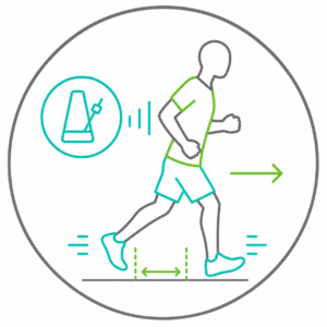 Line icon of a runner beside a metronome, illustrating quicker cadence with shorter steps to reduce impact