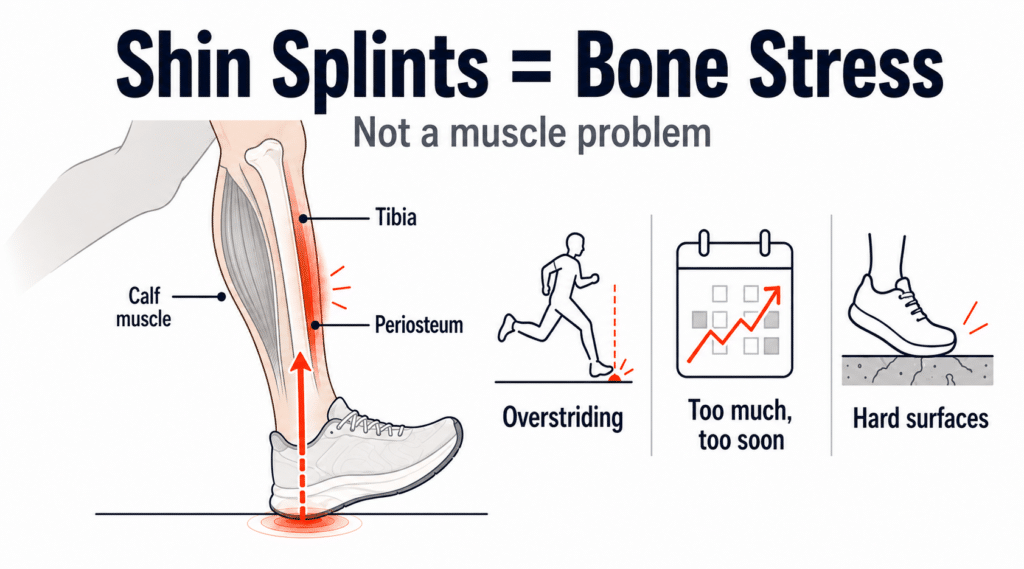 Infographic explaining shin splints as bone stress, showing leg anatomy and three causes: overstriding, too much too soon, and hard surfaces