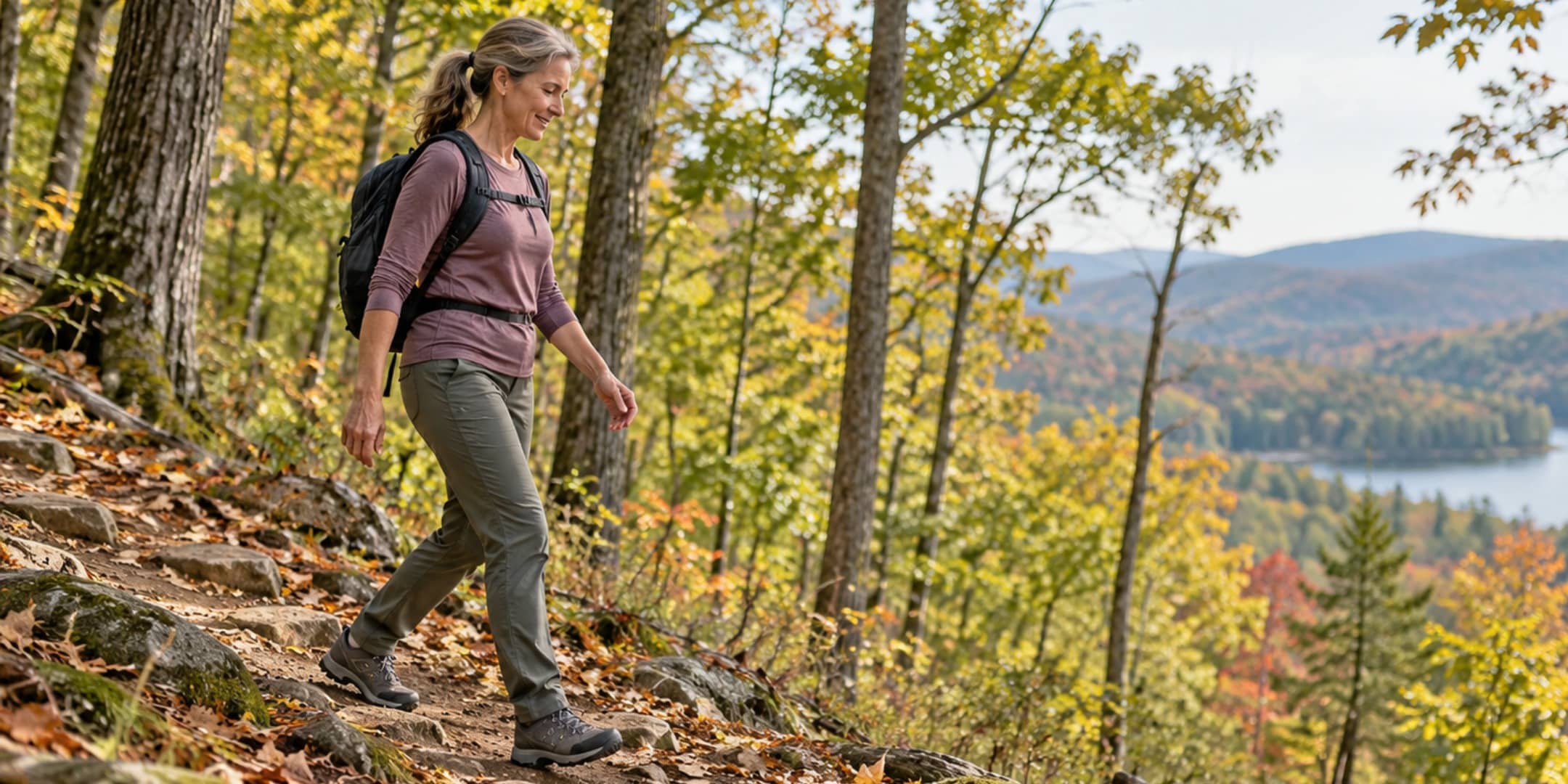 Woman hiking downhill on a rocky forest trail in autumn, walking upright with relaxed arms, with a lake and fall foliage in the distance